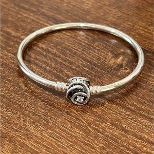 Pandora Sterling Silver Women's Bangle Bracelet with Swirl Decorative Charm-Med